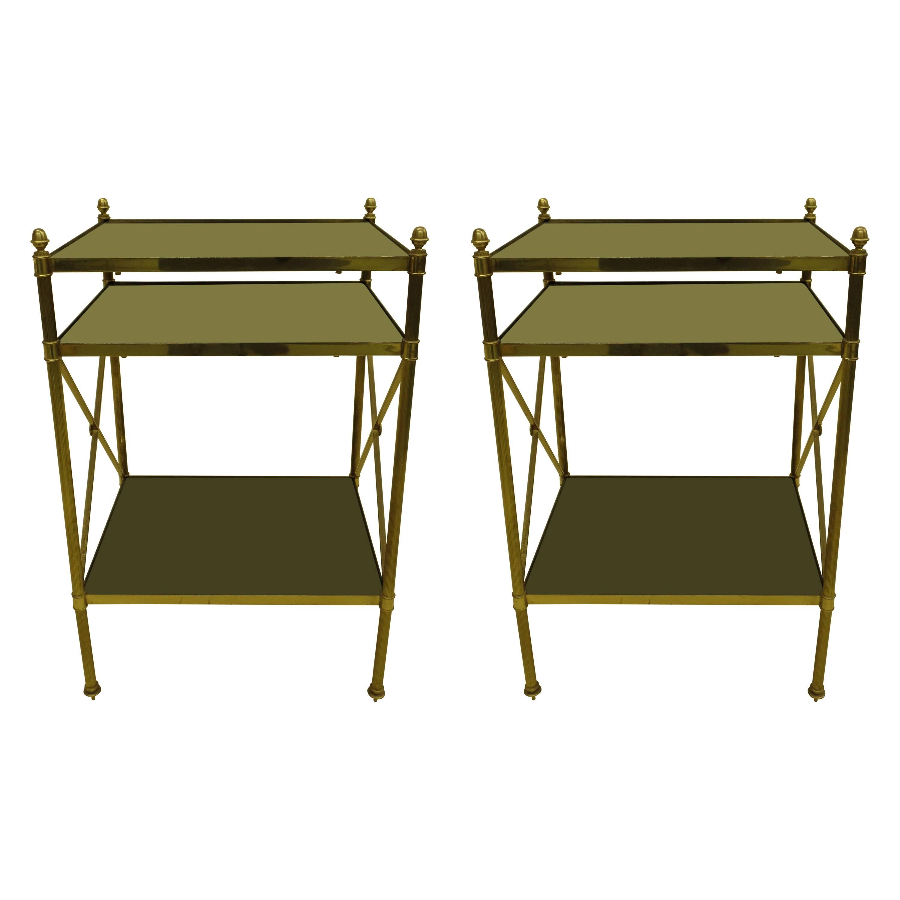 Pair of French Brass and Black Onyx X-Frame Side Tables by Maison Jansen