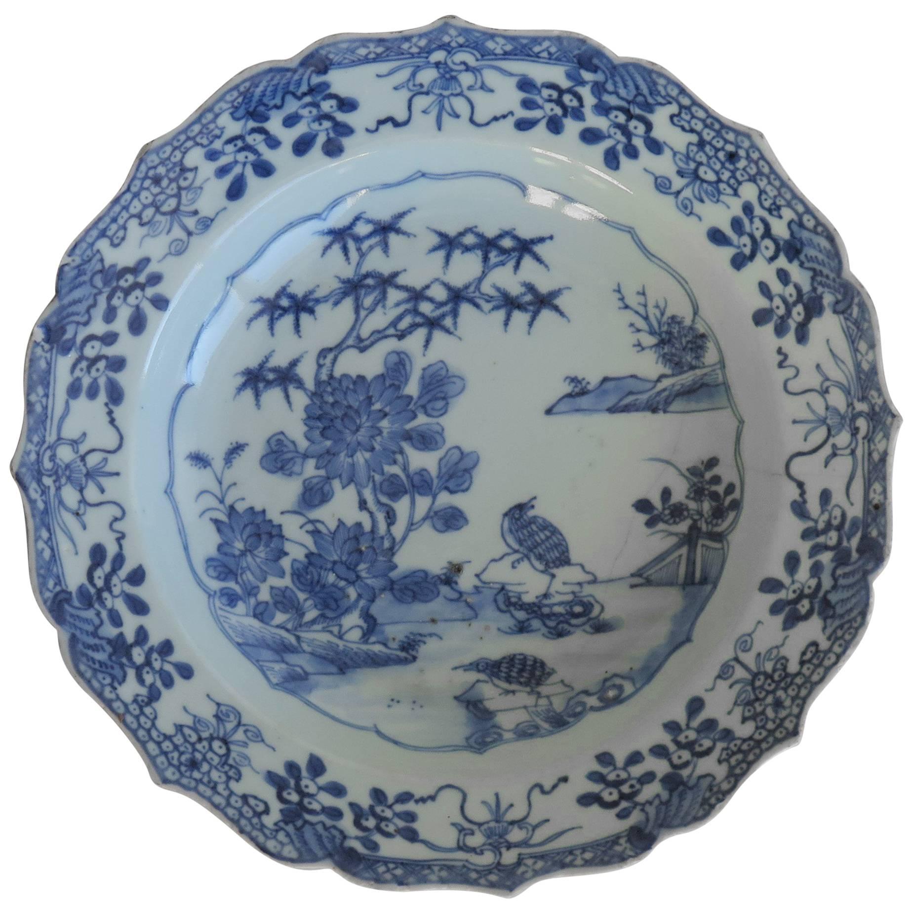 Chinese Porcelain Plate or Bowl, Blue and White, Woodland Birds, circa 1770