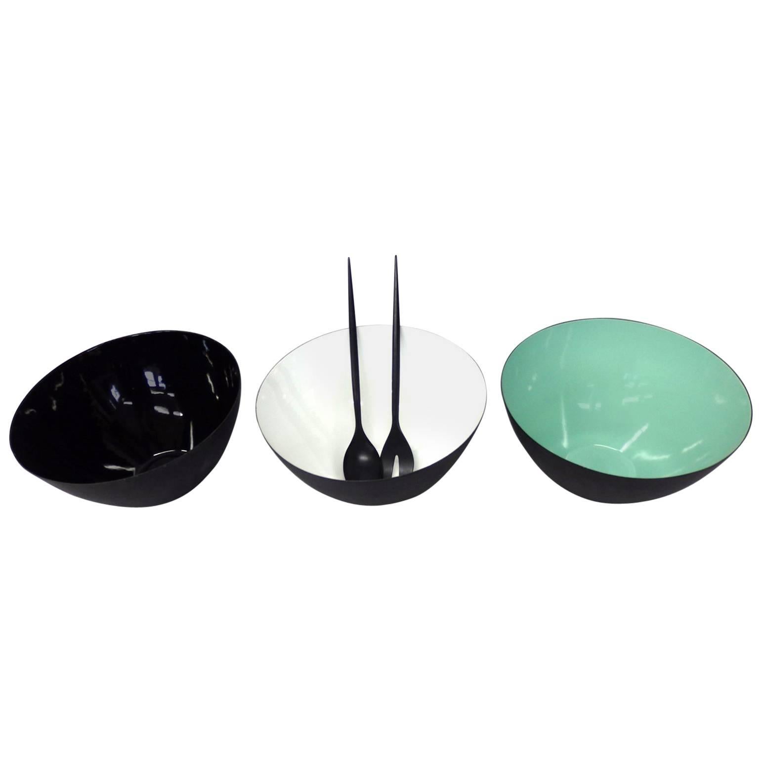 Three Steel with Enamel Herb Krenchel Krenit Ware Bowls with Salad Servers For Sale