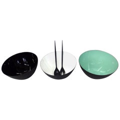 Three Steel with Enamel Herb Krenchel Krenit Ware Bowls with Salad Servers