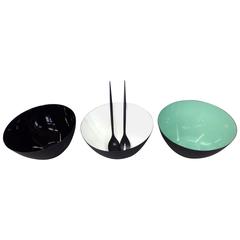 Three Steel with Enamel Krenit Ware Bowls with Salad Servers 3
