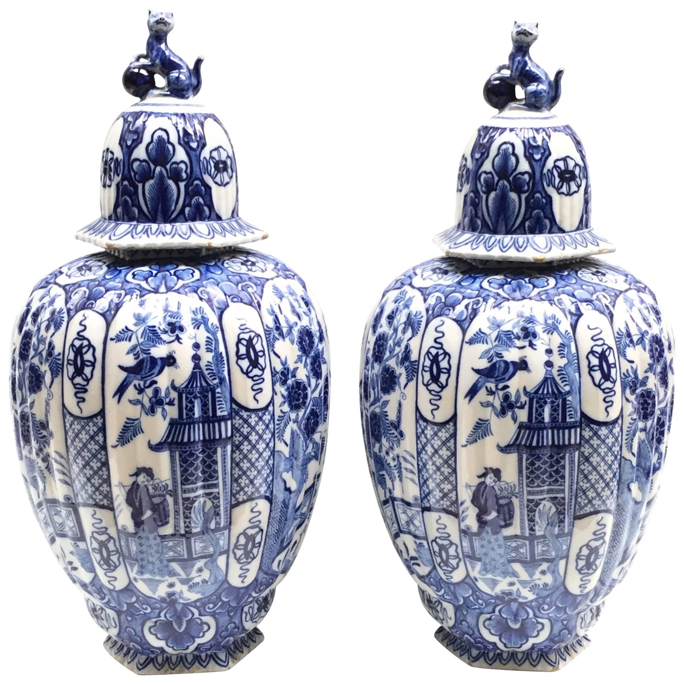 Very Large Pair of Ribbed Blue and White Delft Baluster Vases with Lids
