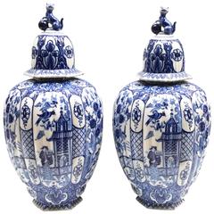 Very Large Pair of Ribbed Blue and White Delft Baluster Vases with Lids