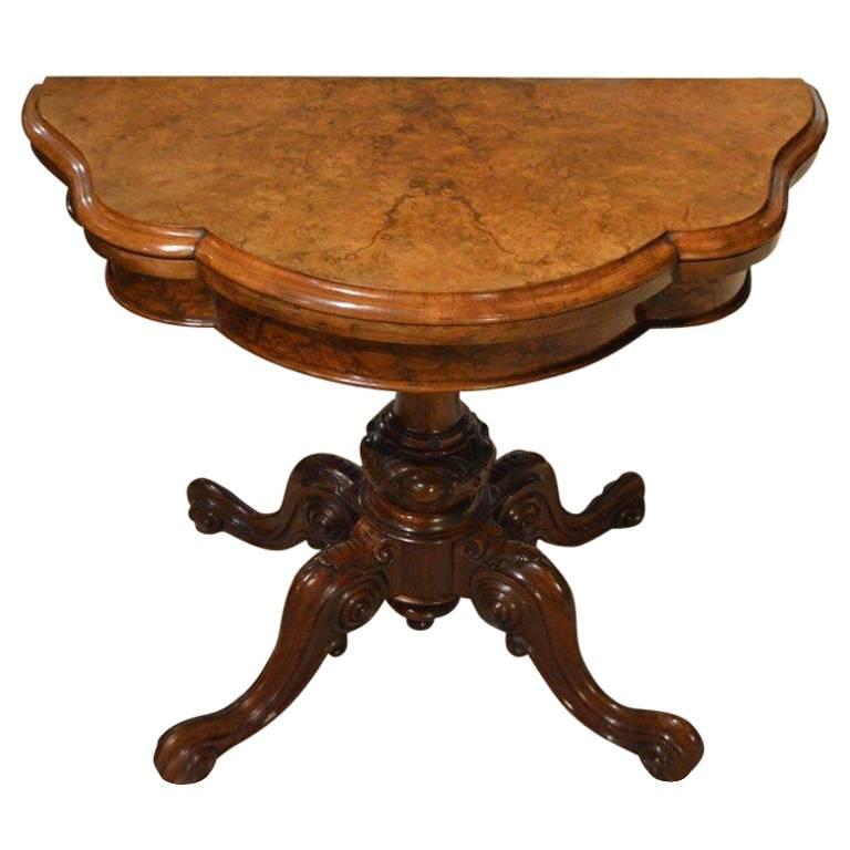 Burr Walnut Victorian Period Antique Fold over Card Table