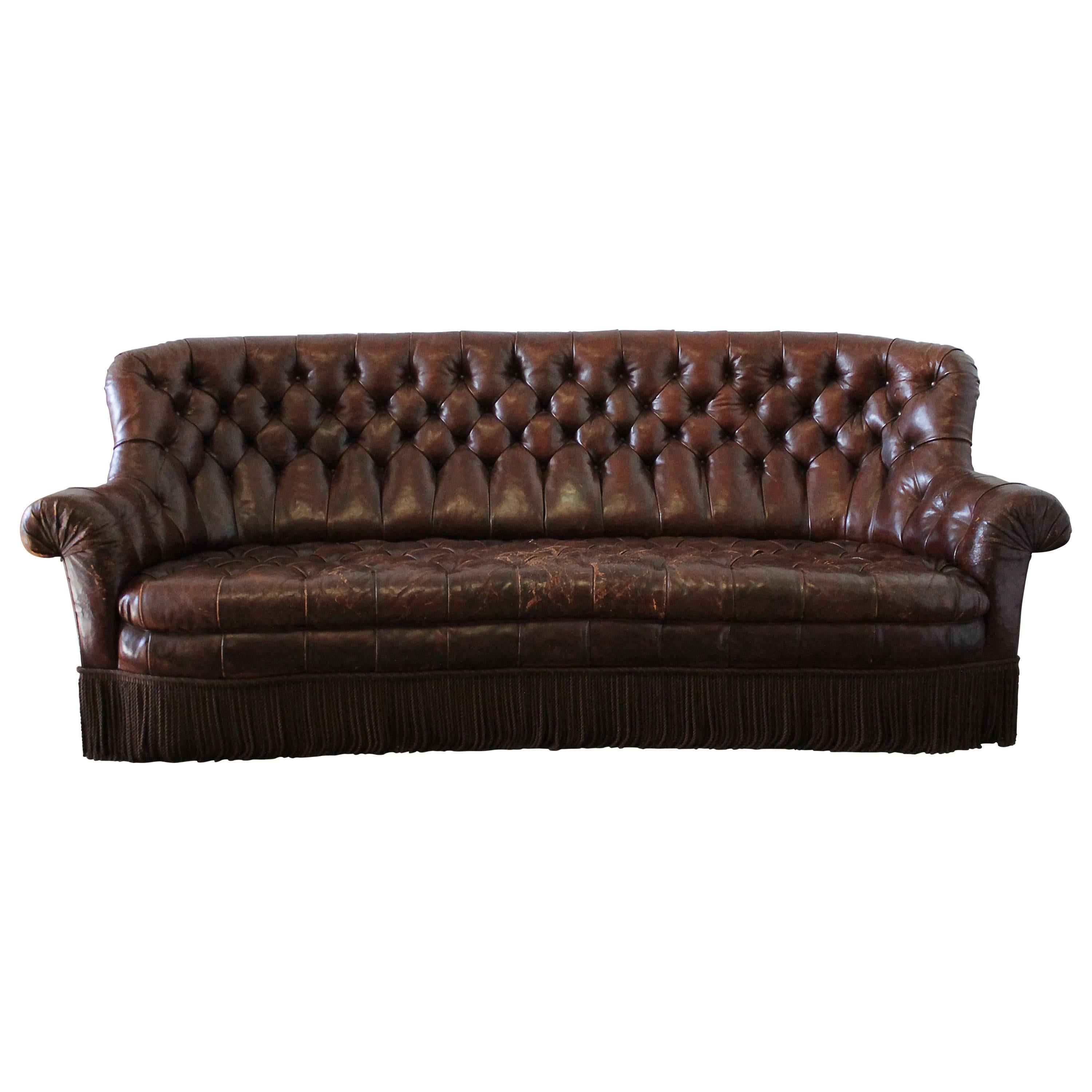 Vintage Rich Brown Leather Chesterfield Sofa with Bullion Trim