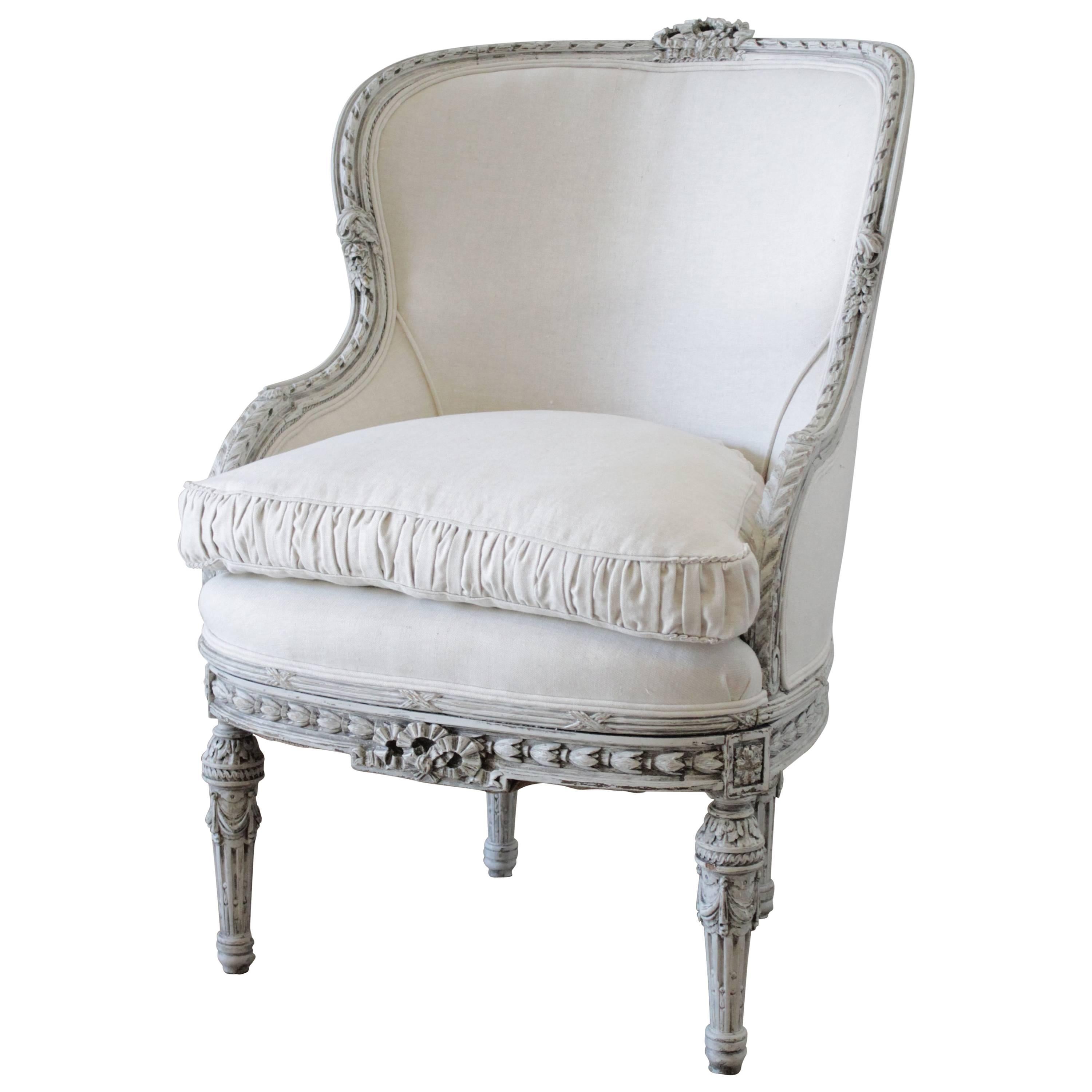 20th Century Painted and Carved Louis XVI Style Wing Chair