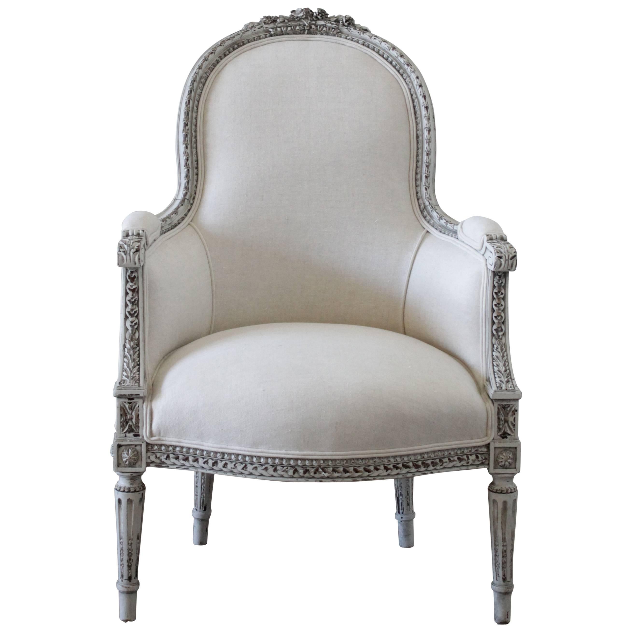 19th Century Painted and Carved French Louis XVI Bergere Chair in Organic Linen