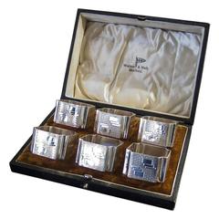 Set of Six Art Deco Silver Napkin Rings in Original Case
