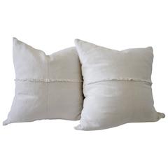 Pair of Soft White Vintage French Linen Fringe Pillows