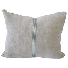 Antique Swedish Grainsack Pillow with Pale Blue and White Stripe