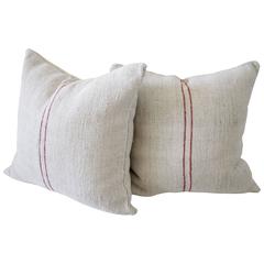 Pair of Vintage European Grain Sack Linen Pillows with Red Stripes