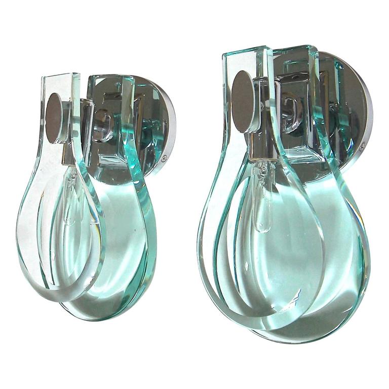 Pair of Fontana Arte Style Italian Thick Tear Drop Glass Wall Sconces For Sale at 1stdibs
