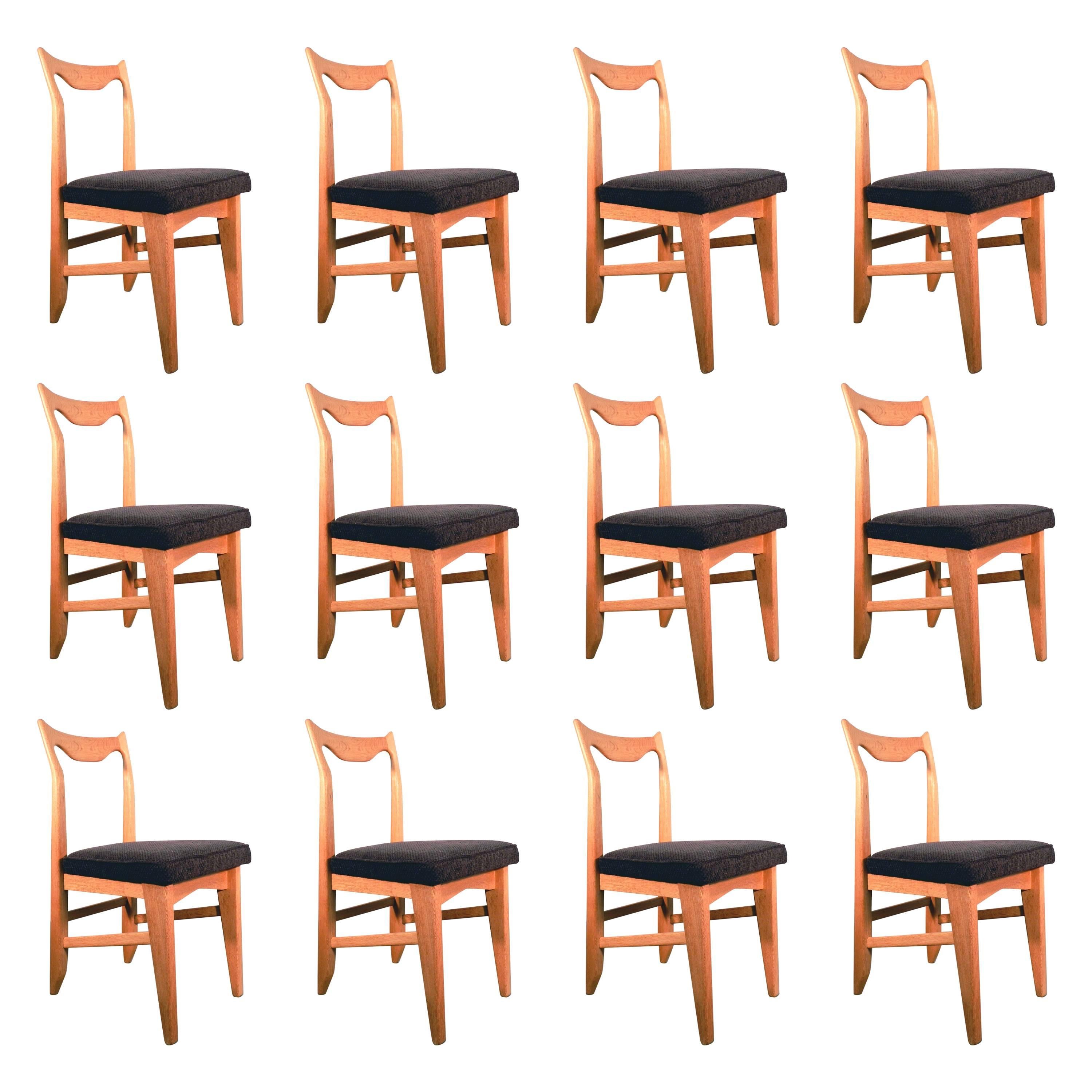 Guillerme et Chambron Set of 12 Oak Dining Chairs, circa 1965