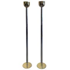 Pair of Floor Lamps Torchieres, Brass and Chrome, Italy, 1970s