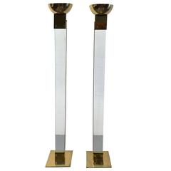 Pair of Floor Lamps Torchieres, Brass and Glass, Italy, 1970s
