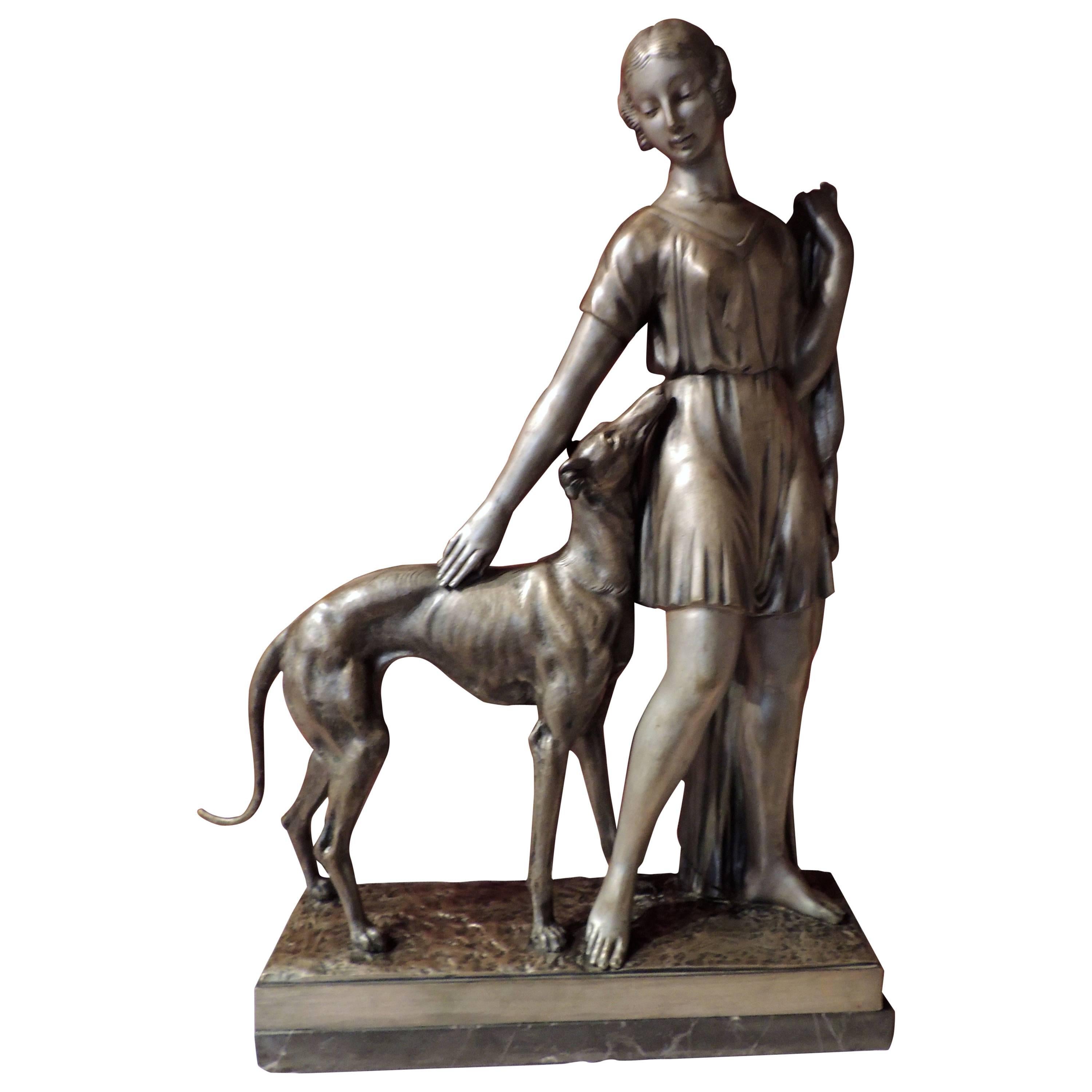Grand Art Deco Bronze Sculpture of a Woman and Greyhound by I. Gallo