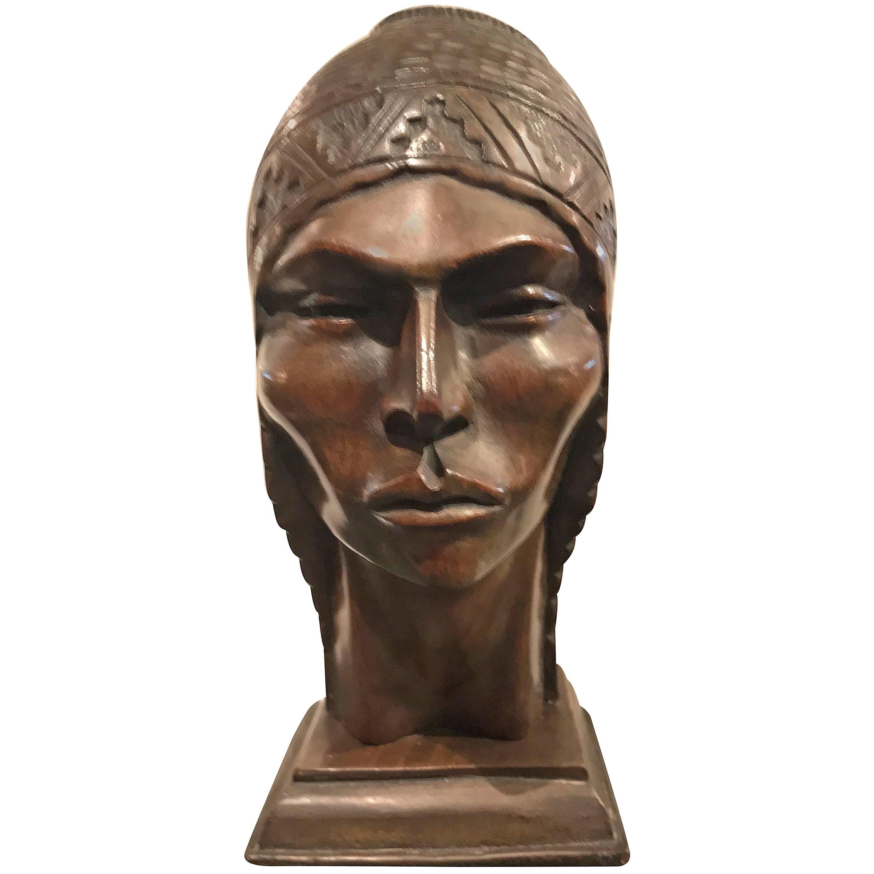 Xotic Indian Art Deco Sculpted Head in Wood by Silva