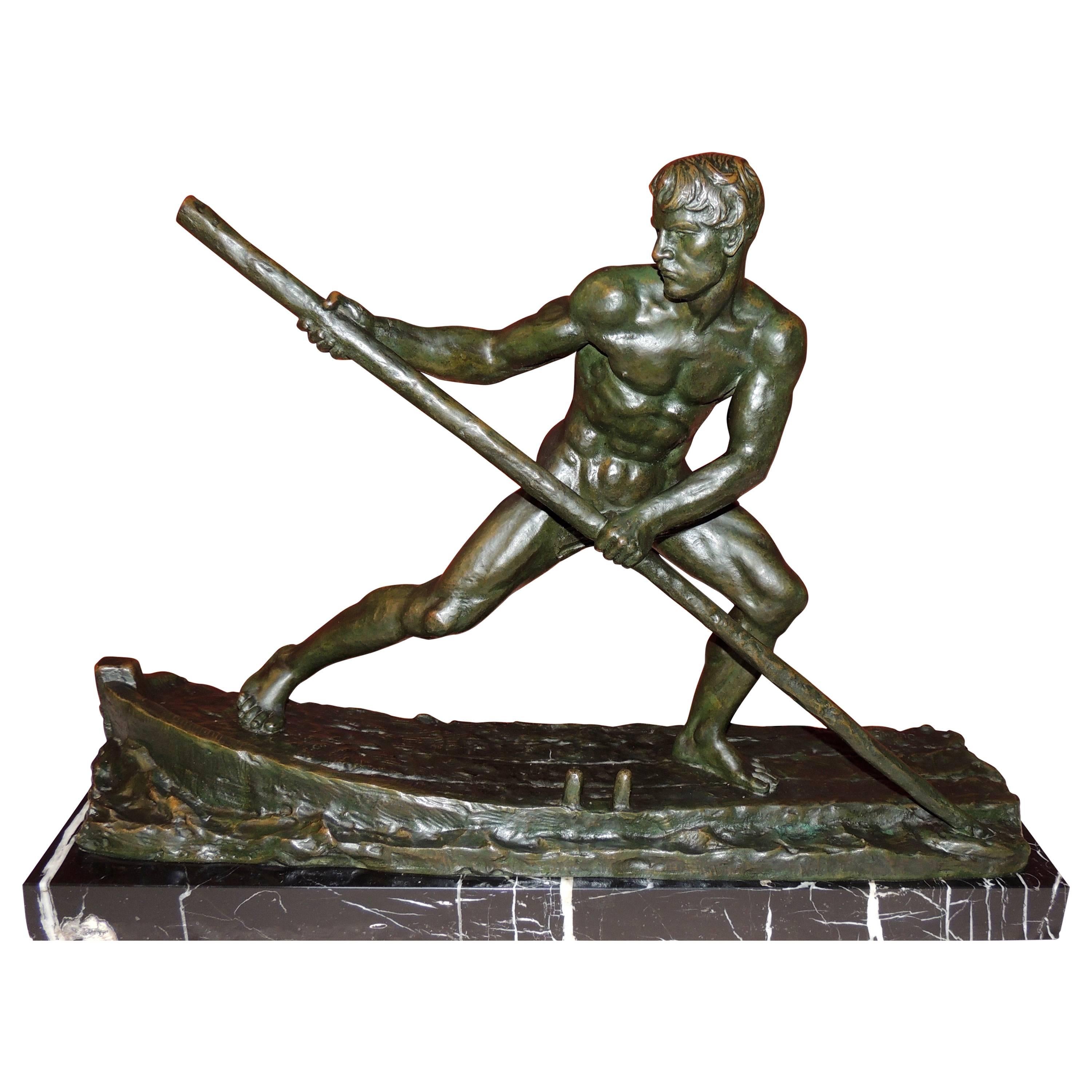 Art Deco Bronze Sculpture of a Man Rowing a Boat by Ouline