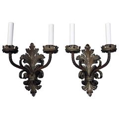 Pair of Oversized Antique Spanish Wrought Iron Two-Light Wall Sconces