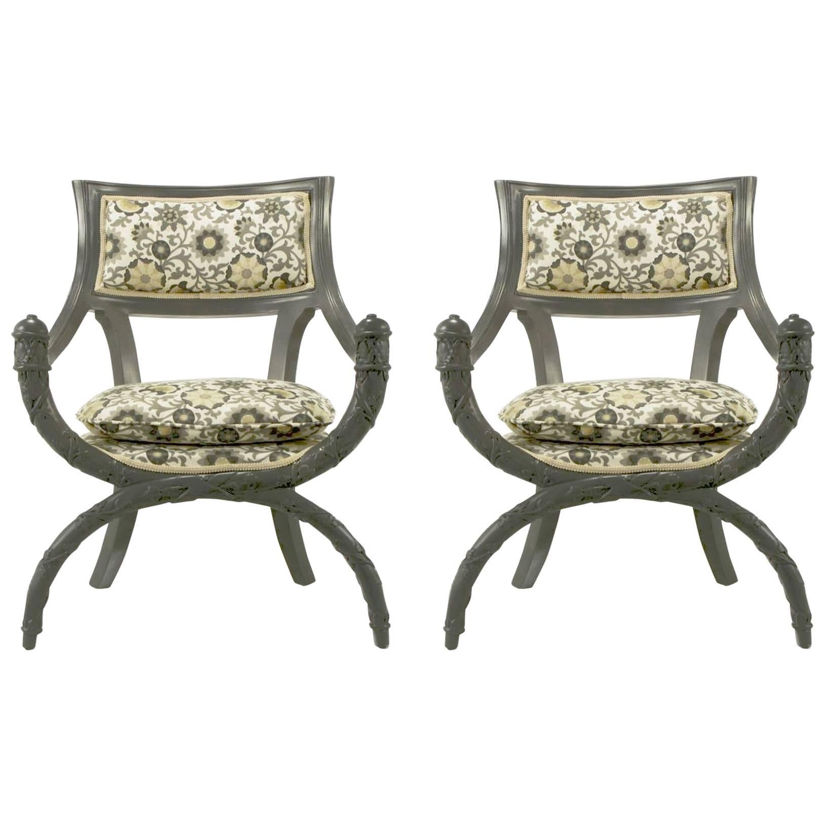 Pair of Carved Wood Curule Chairs in Slate Grey Lacquer