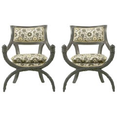 Vintage Pair of Carved Wood Curule Chairs in Slate Grey Lacquer