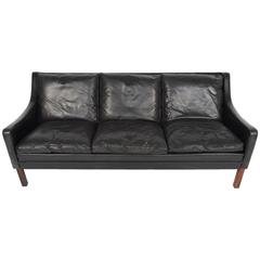 Danish Modern Black Leather and Rosewood Sofa