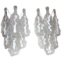 Pair of Mazzega Murano Clear White Textured Glass Sconces