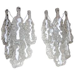 Pair of Mazzega Murano Clear White Textured Glass Sconces 7