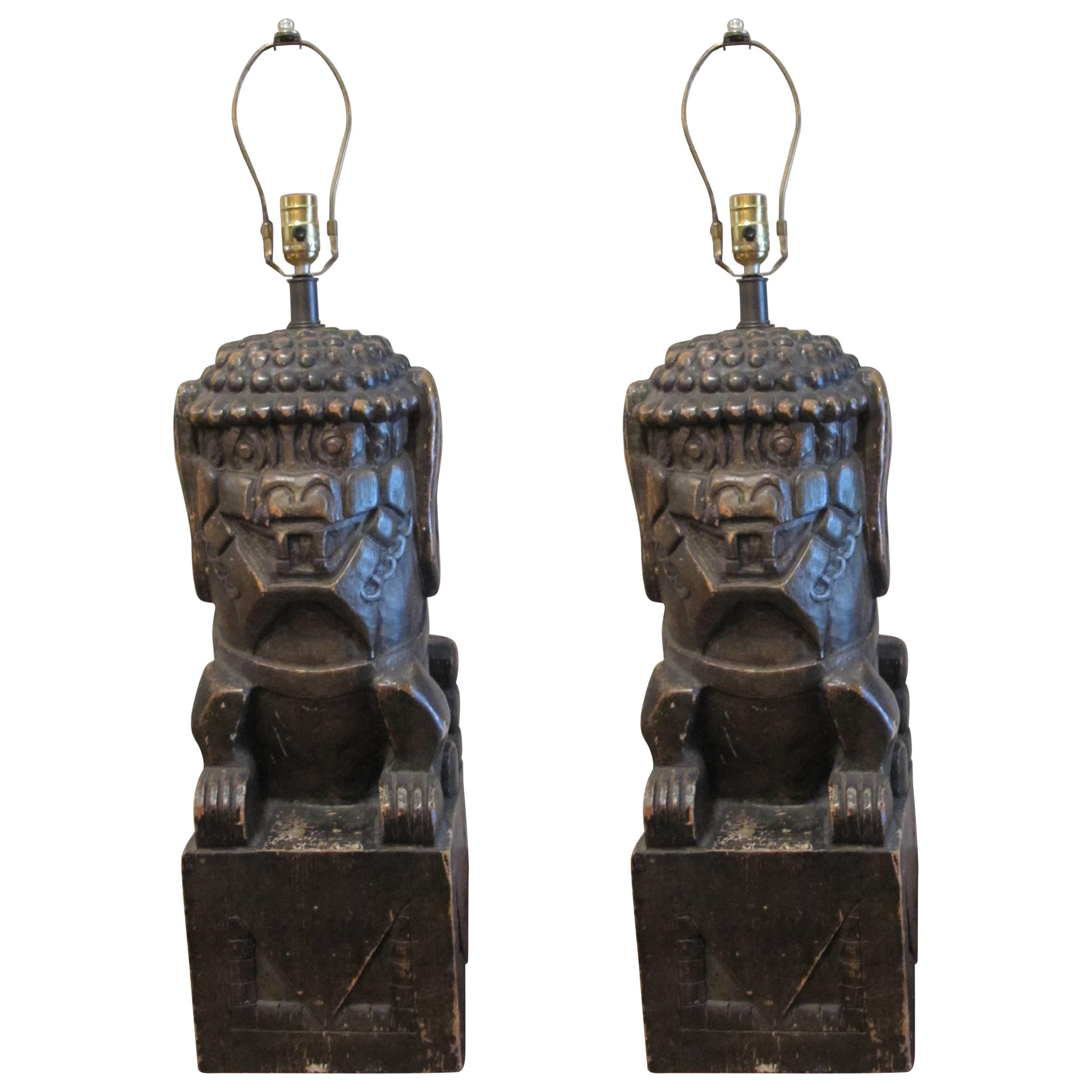 One Pair of Monumental Carved Wood Foo Dogs Mounted as Lamps