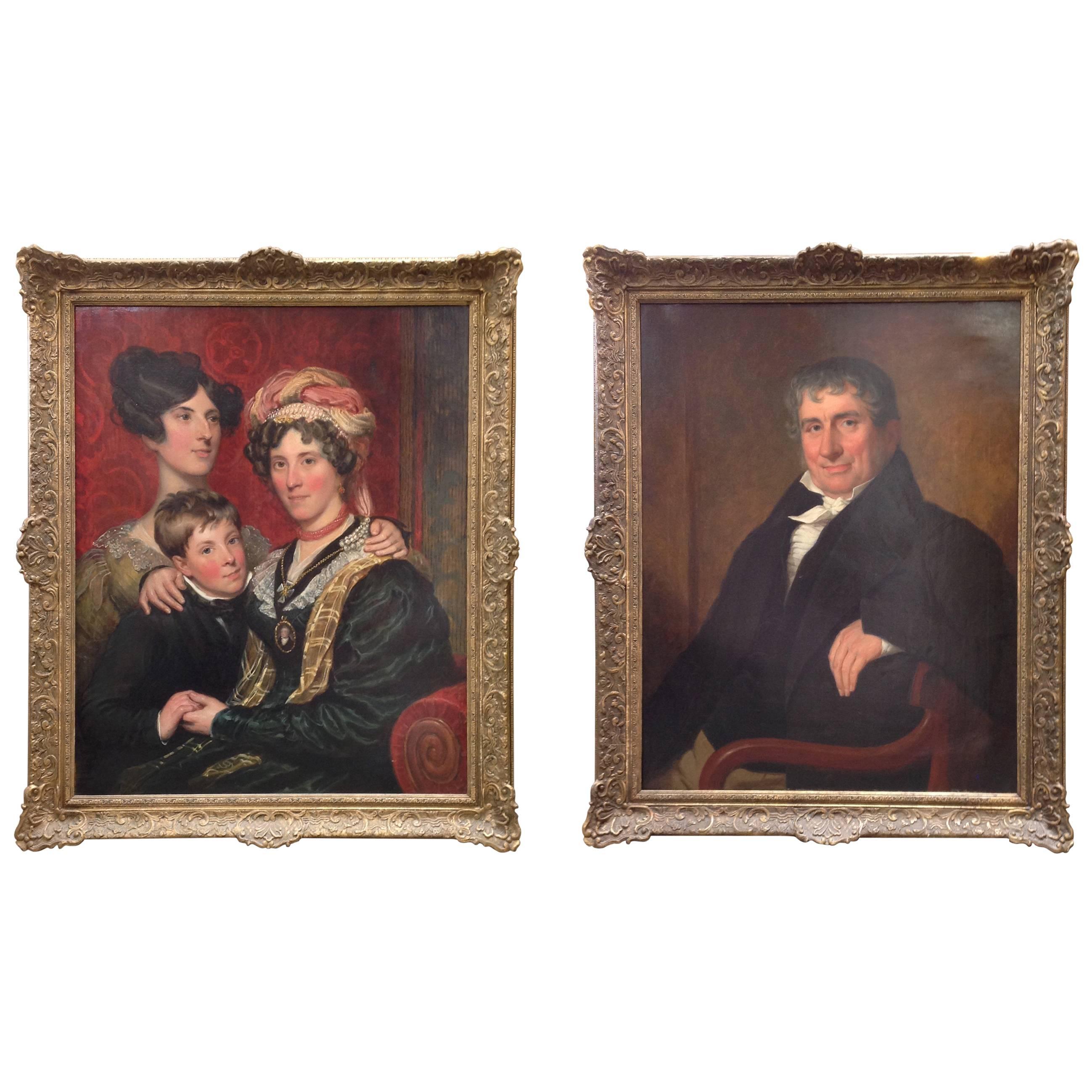 Pair of English Family Portraits, Circa 1820 For Sale