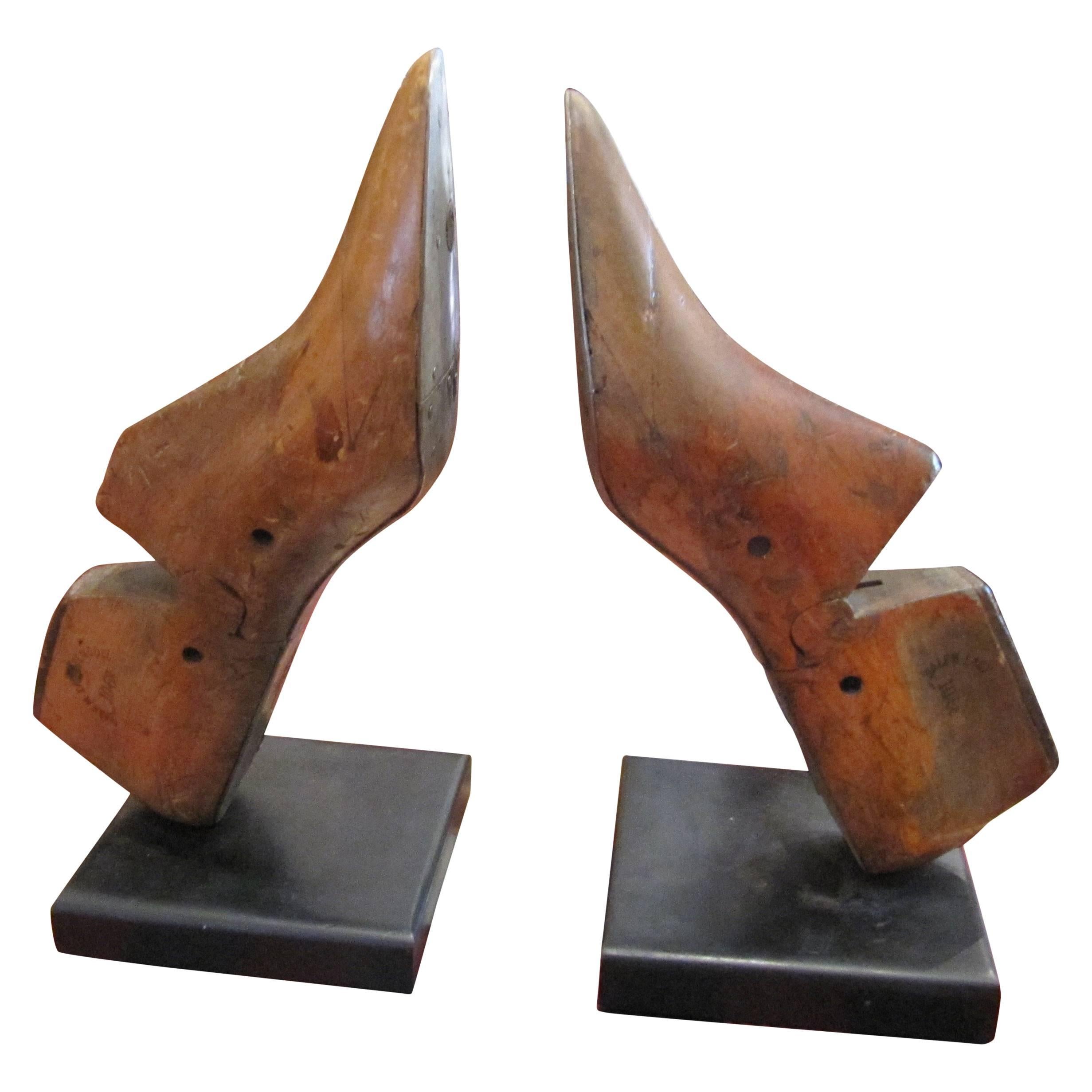 One Pair of Charming Wooden Shoe Moulds Mounted as Bookends Great Character. For Sale
