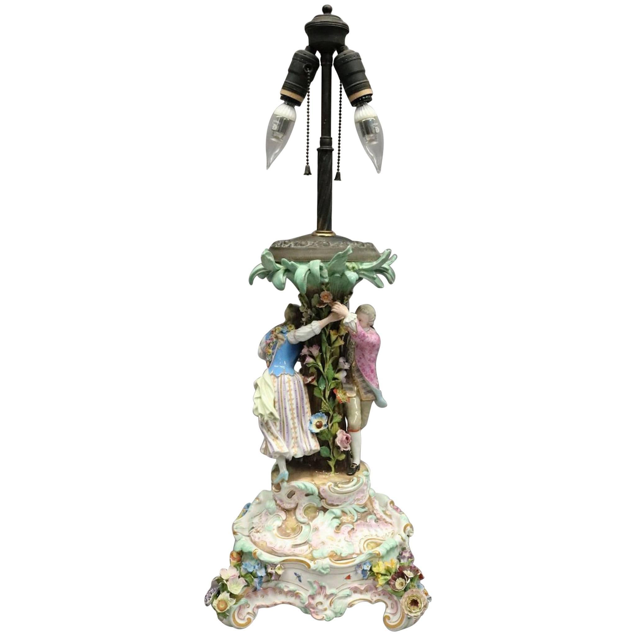 Antique Meissen Porcelain Figural Lamp Base and Stand, Late 19th Century