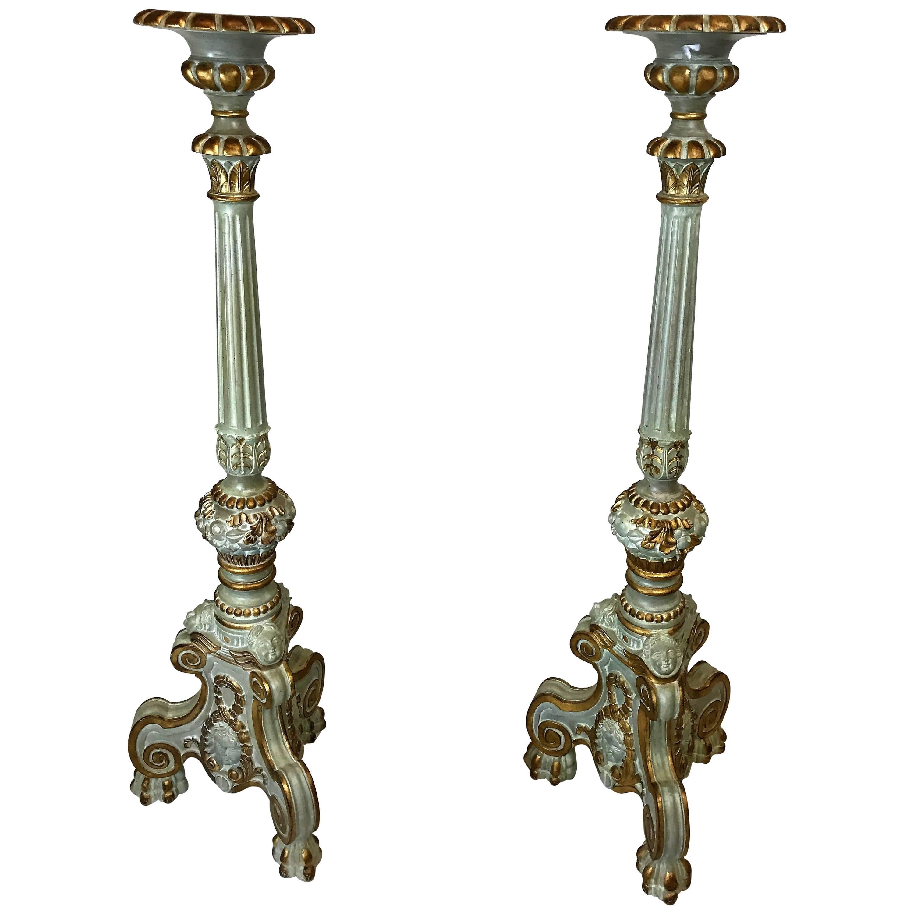 Pair of 20th Century, Italian, Blue and Gold Candlesticks
