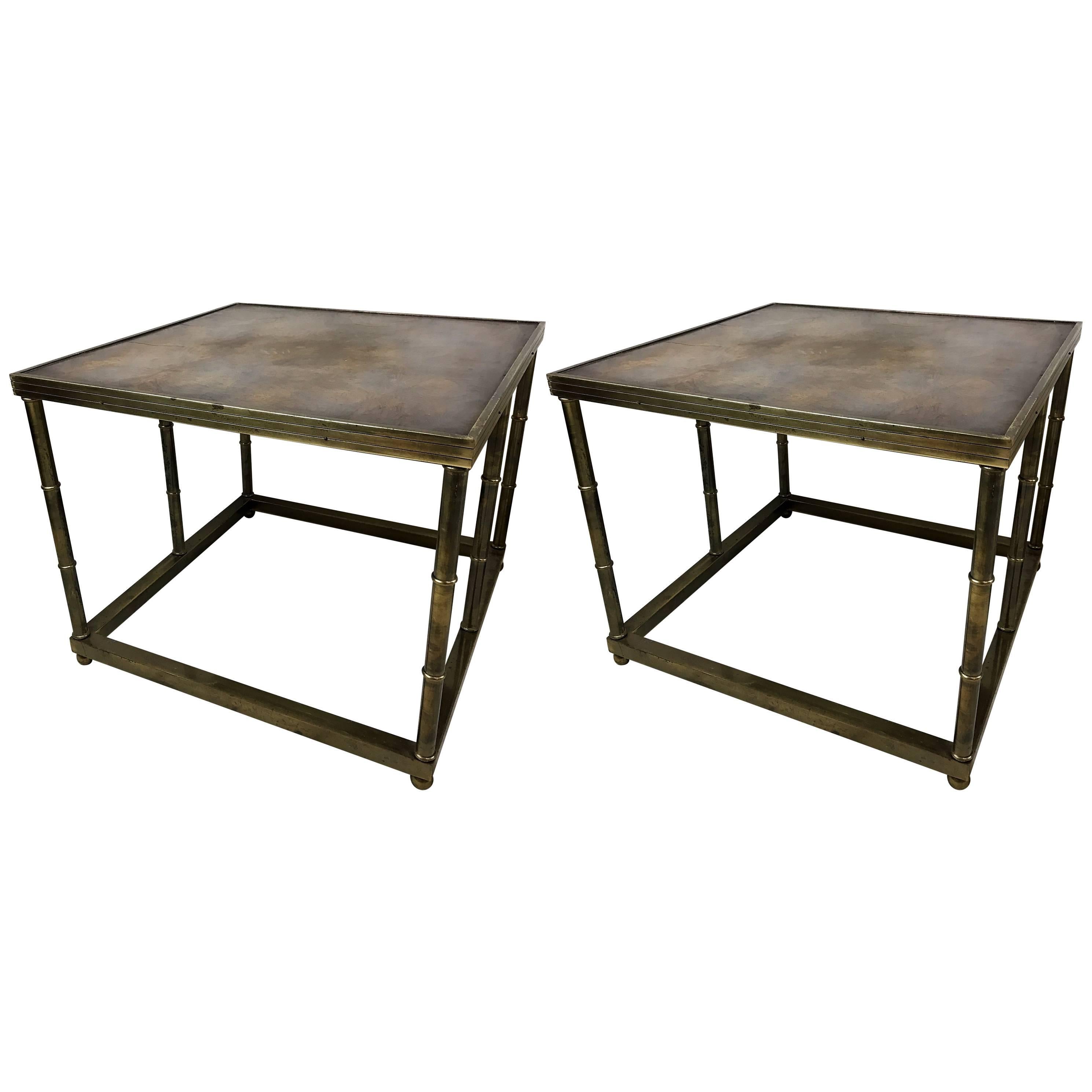 Pair of Mastercraft Mid-Century Burl and Brass Side Tables For Sale