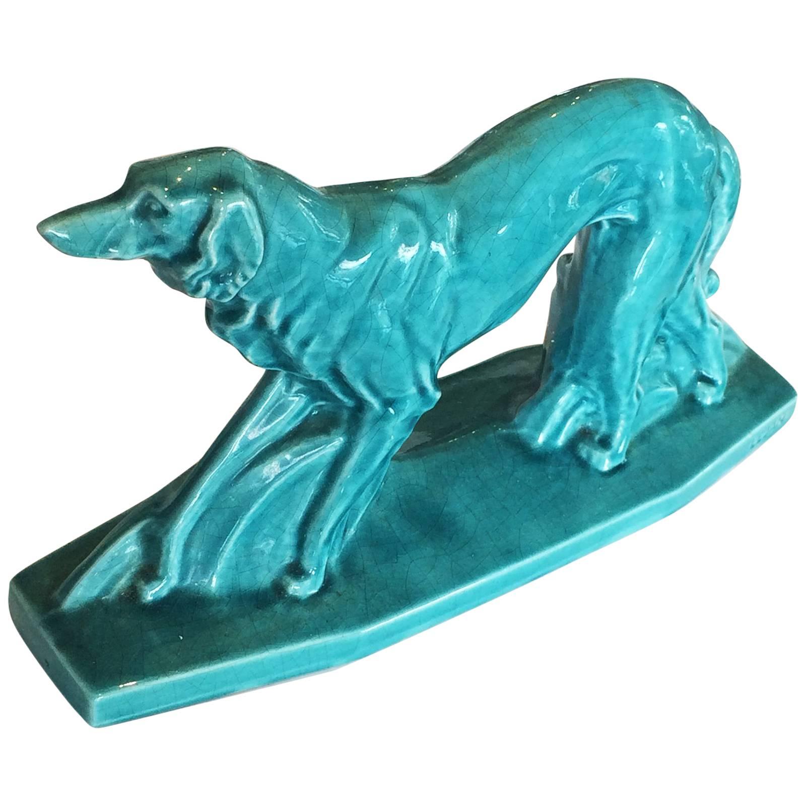 French Craquele Figure of a Borzoi the Art Deco Dog Signed by LeJan