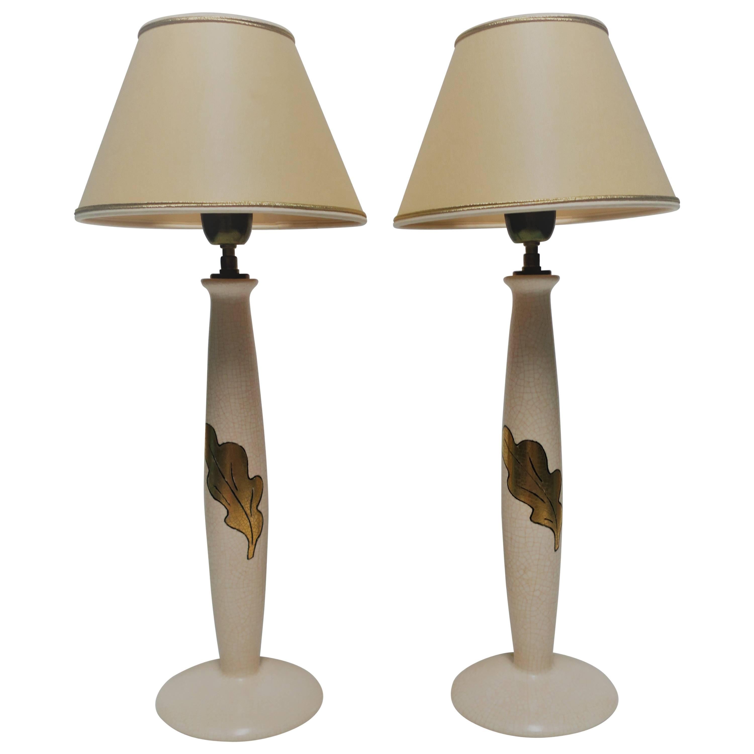 French Ceramic Desk or Table Lamps with Gold Acanthus Leaf, Pair