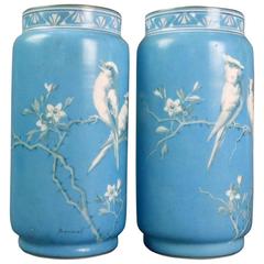 Antique Pair of Baccarat Hand-Painted Opaline Glass Vases, Signed, circa 1850