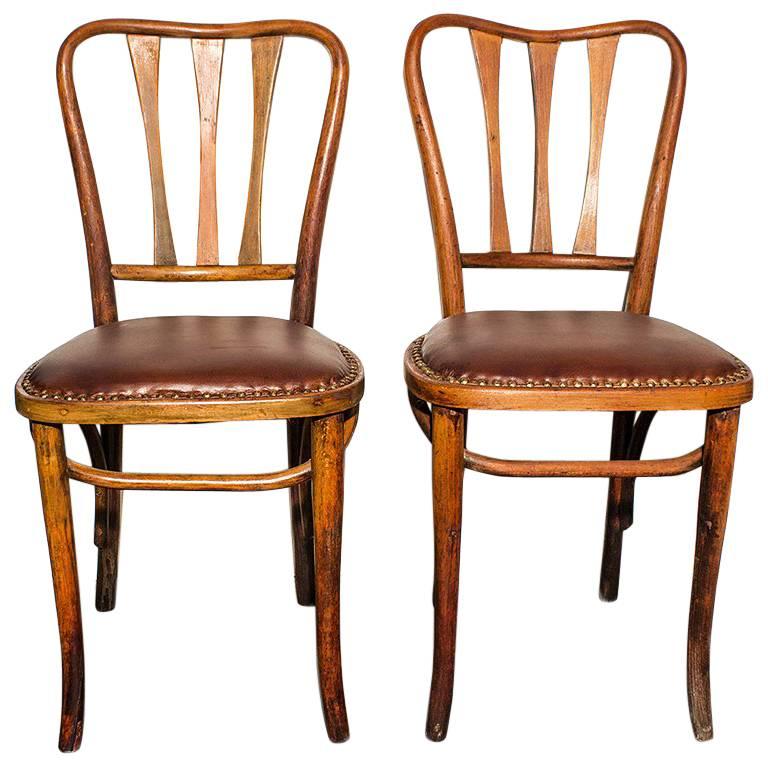 Pair of Rare Thonet Bistro Chairs with Leather Seats, circa 1900