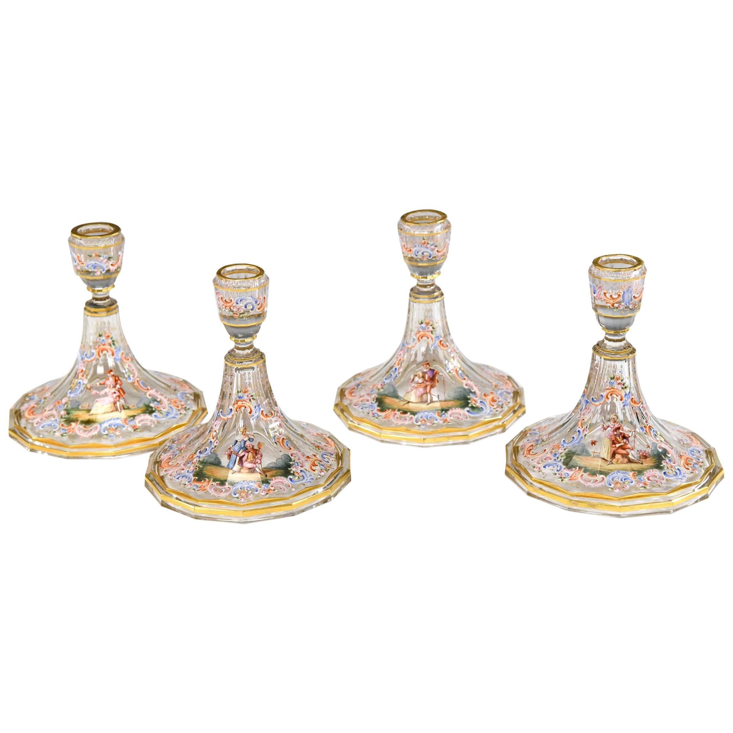 Set of Four Lobmeyr Hand-Painted & Gilded Polychrome Enamel Candlesticks For Sale