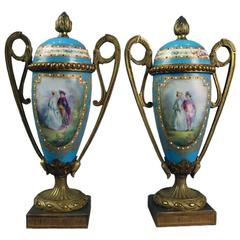 Antique Pair of Sèvres Style Hand-Painted Porcelain & Bronze Lidded Mantel Urns