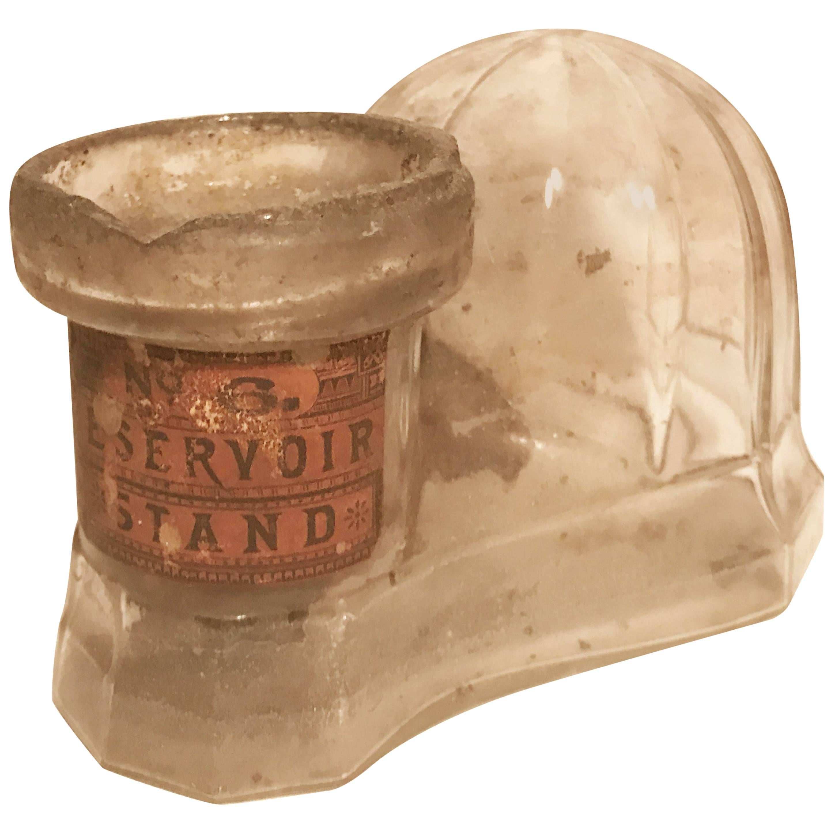 Antique Clear Dome Top Glass Inkwell Bottle Reservoir Stand Morgan
s Patent 1867