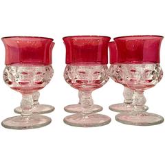 Retro Mid-Century "Kings Crown" Ruby and Clear Cut Crystal Stem Goblets Set of Six