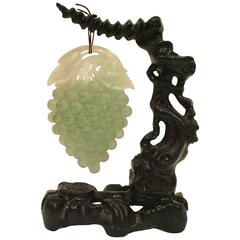 Vintage Large Green Stone Grape Sculpture on Carved Wood Stand