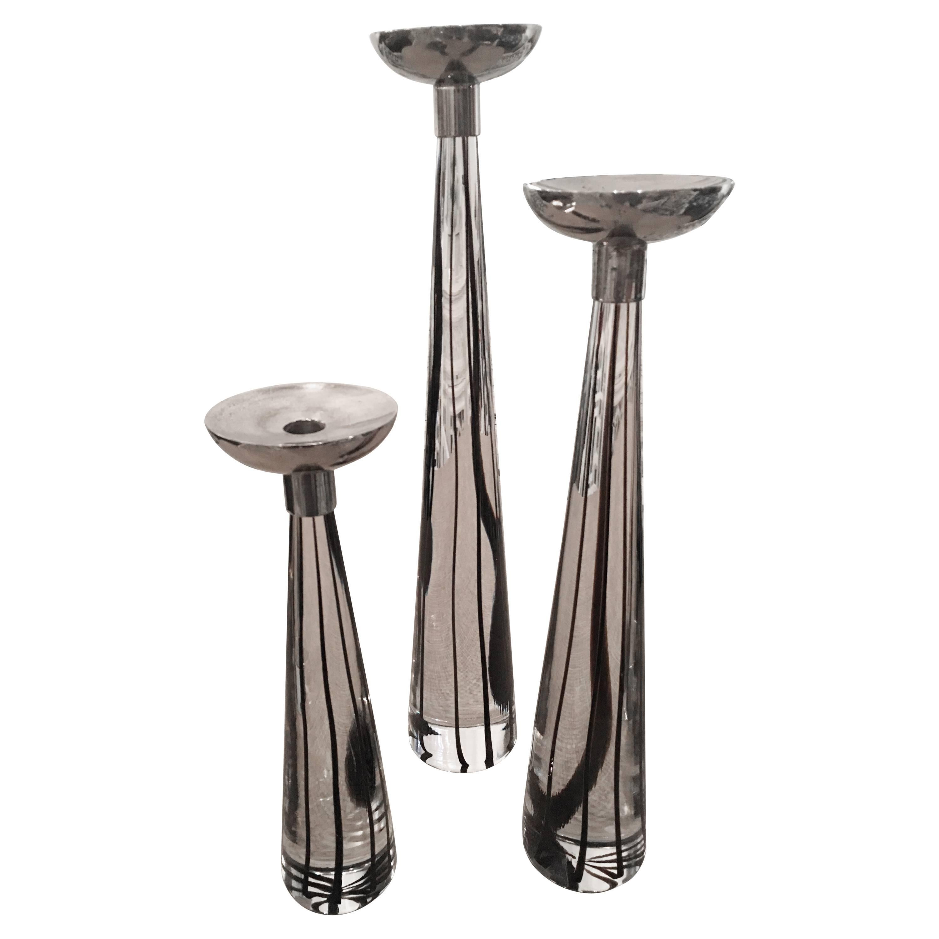 Set of Three Vintage Murano Glass Candleholders, Italy Chrome Italian Vistosi