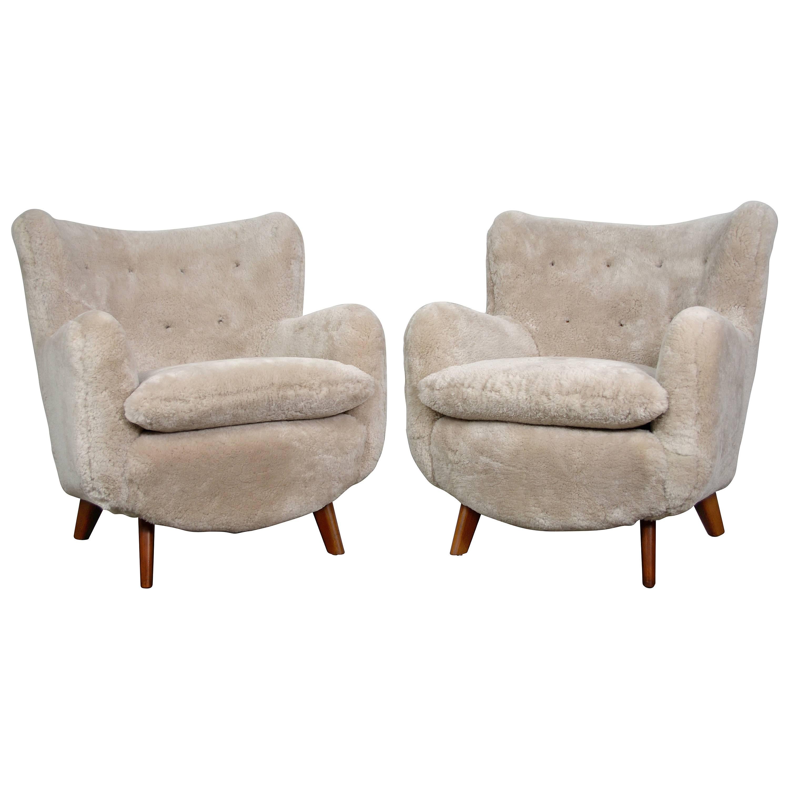 Early George Nelson Pair of Lounge Chairs in Sheepskin