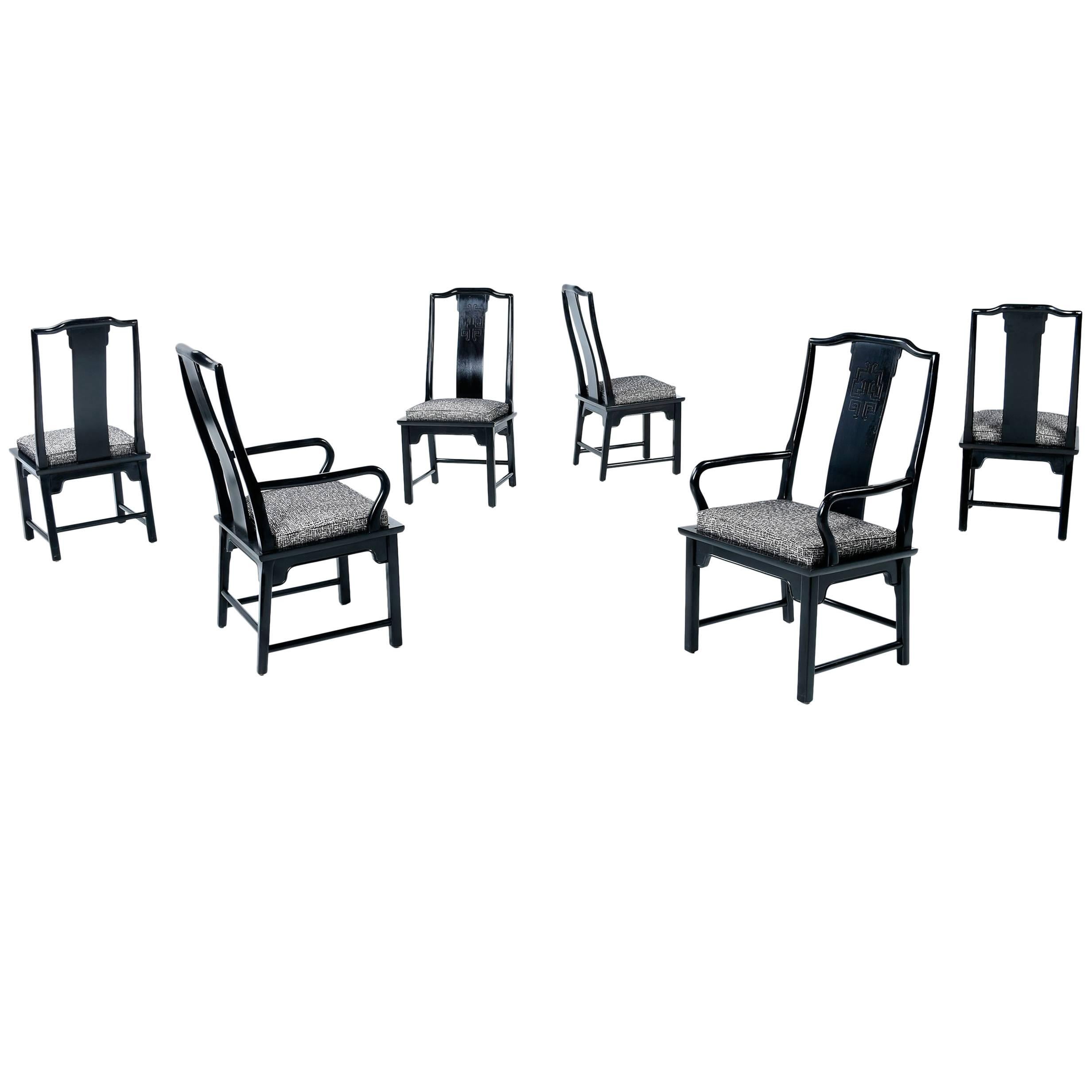 Asian Modern Black Lacquer Chin Hua Dining Chairs by Century