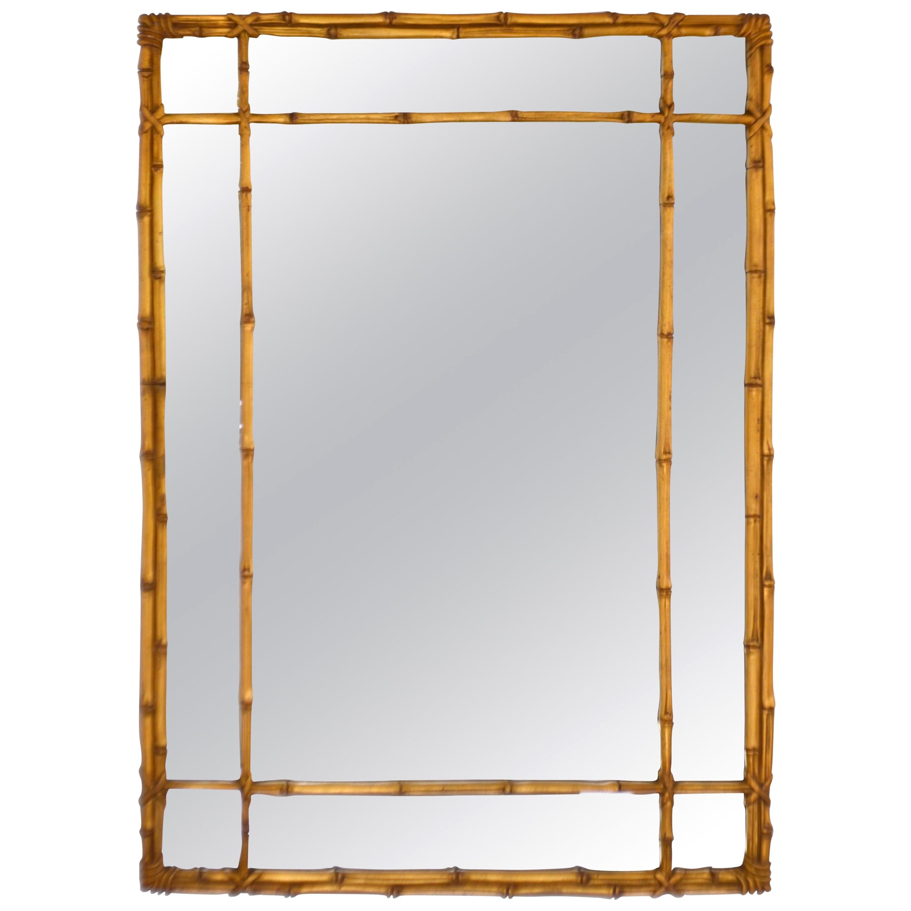 Hollywood Regency Faux Bamboo Gilt Wall Mirror For Sale
