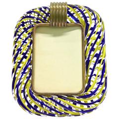 Venini 1970s Vintage Blue and Yellow Murano Glass Picture Frame