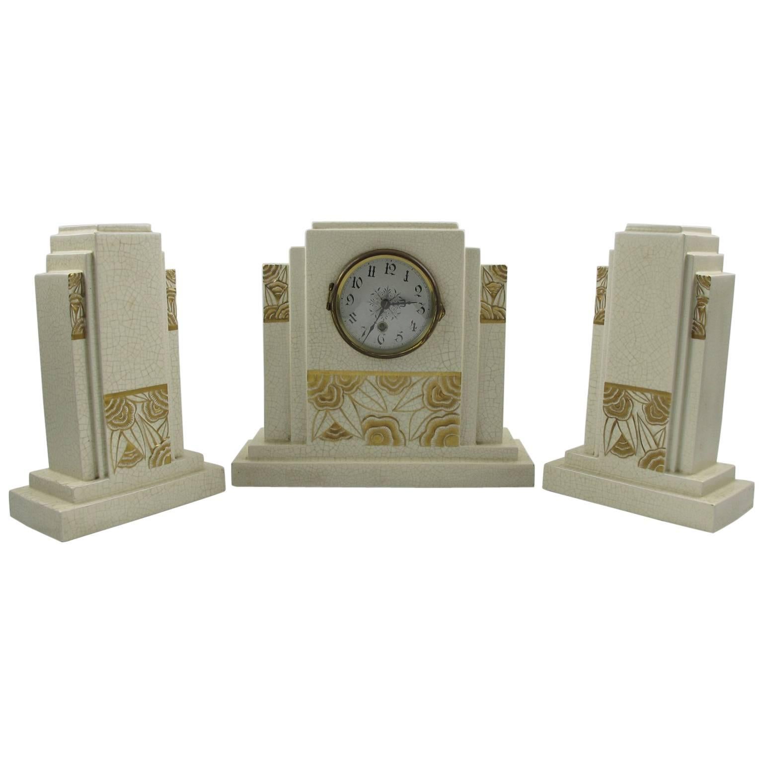 French Art Deco Crackle Ceramic Mantel Clock Set & Matching Garniture by Orchies