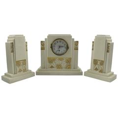 French Art Deco Crackle Ceramic Mantel Clock Set & Matching Garniture by Orchies